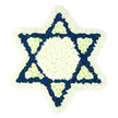 A solemn yet elegant Star of David floral arrangement dominates the image, crafted as a funeral or memorial tribute and photographed against a stark white background to showcase its detail. The star is large and geometrically precise, composed of countless small flowers arranged in a harmonious pattern of white and deep blue. The outer edge features a thick, soft border of white chrysanthemums and similar blossoms, their rounded petals layering over one another to create a pillowed, comforting outline around the six-pointed shape. Inside this frame, the centre of the star is marked by a white hexagon, tightly packed with matching petals so that it appears like a single expanse of soft white. Encircling this core, the points of the star stretch outwards, each triangular arm embedded with dark blue flowers that bring depth, formality, and a sense of quiet dignity, akin to the calm that settles over Brent Cross and nearby Golders Green in the late evening. At the lower base of each point, a small triangle of white blooms is carefully inset into the blue, repeating a delicate pattern that echoes the interconnected lines of the Magen David. The overall impression is one of respect, remembrance, and enduring faith, making the tribute well-suited for Jewish funerals, cemetery services, or shiva visits within the local community. Delivered from a Brent Cross florist to a synagogue or family home, this floral star would stand as a gentle, visually striking symbol of sympathy and tradition, offering comfort through its thoughtful design and serene colour palette.
