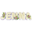 A deeply reverent floral name tribute spells out JENNA in five bold, three-dimensional block letters laid horizontally against a pristine white backdrop. Each letter is built from hundreds of small, creamy-white chrysanthemums that create a cloud-like, velvety surface; the petals are tight and fragrant, giving the whole piece a soft, comforting texture that reads as quiet and consoling. A slender band of rich purple trim traces the inner edges of every letter, offering a gentle contrast that defines the form without breaking the peaceful palette. Three delicate accent clusters-placed on the sweeping curve of the J, the second N, and the final A-introduce warm blush-pink and lavender spray roses, along with a few pale cream or butter-yellow blooms, all tucked into feathery dark-green fern fronds. Those small bouquets add a fresh, living note and a subtle perfume that lifts the solemn white arrangement with moments of tenderness. Thin, dark connecting bars run behind the letters, visible only at the base, suggesting a secure, hand-built framework that keeps the tribute cohesive for viewing at a funeral chapel or graveside service. Soft, diffuse light falls across the surface, catching the purple trim and the glossy tips of the fern leaves, hinting at early-morning memorial gatherings. As crafted by a local Brent Cross florist familiar with nearby chapels and the quiet spaces around Brent Cross Shopping Centre and Cricklewood, this custom floral lettering reads as a personal, handcrafted farewell-pure in colour, respectful in tone, and designed to offer comfort and remembrance at a celebration of life.