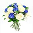 A rounded bouquet of roses in shades of deep blue and creamy ivory is pictured against a brilliant white background, captured with clarity that emphasizes each petal's subtle curve. The arrangement is dense and symmetrical, with blue roses and cream roses evenly distributed to create a gentle visual rhythm. The blue roses, dyed to a rich sapphire hue, display velvety textures and intricate petal spirals that draw the eye into their centers, while the cream roses open more softly, their pale, buttery tones providing a sense of warmth and serenity. Threaded through the roses, delicate sprigs of white baby's breath add an airy, lace-like effect, their tiny blossoms forming light clusters that contrast beautifully with the larger, bolder blooms. Supporting all of this are dark green leaves, likely Ruscus or a similar foliage, peeking out around the edges and between the blossoms, offering a natural frame that enhances the bouquet's freshness, reminiscent of greenery seen in local parks and gardens near Brent Cross. The stems are clean and straight where they emerge from the base of the bouquet, tightly gathered and ready to slip into a favourite vase or to be carried as a funeral tribute. The lighting is bright yet soft, without strong shadows, revealing the richness of the blues and the gentle creaminess of the lighter roses in equal measure. Overall, the bouquet radiates a calm, respectful beauty, ideal for expressing sympathy, honouring a life, or bringing a quiet moment of comfort to someone grieving in the Brent Cross community.
