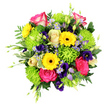In this photograph, a generous mixed-flower bouquet sits against a pristine white background, every colour heightened as if under soft studio lights near Brent Cross. At its centre, full-bodied hot pink roses with gentle white-edged petals create a luxurious core, their spiraling forms hinting at long-lasting freshness. Surrounding these roses, bright yellow gerbera daisies with rich brown centers stretch their broad petals outward, bringing a burst of sunshine that feels instantly uplifting. Between them, compact lime green button chrysanthemums cluster closely, their rounded, tightly packed petals giving a plush, almost moss-like texture that contrasts beautifully with the sleek gerbera rays and rose petals. Threaded through the bouquet are touches of lavender-blue aster-style blooms and deeper purple bell-shaped lisianthus, adding cool, romantic accents that deepen the overall palette and draw the eye into the spaces between the larger flowers. A full frame of greenery embraces the design: smooth, broad leaves, airy fern-like fronds, and a few variegated leaves edged with creamy white, all working together to create a lush, garden-inspired feel. Slender green stems and fresh buds extend slightly beyond the main cluster, introducing movement and a sense of natural growth. The bouquet is lit evenly, with soft shadows that reveal its rounded, three-dimensional shape and the layering of each element. It radiates a sense of joy, freshness, and gentle celebration, the kind of arrangement Brent Cross Flowers might deliver for a birthday, a new baby, or simply to brighten a quiet afternoon in a flat overlooking local parks, offering a vibrant reminder of nature's colour and comfort.