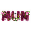 The image shows an elegant MUM floral tribute, composed of three large, three-dimensional letters set against a plain white background that allows each blossom to be clearly seen. Every letter is entirely encrusted with small, vibrant flowers in shades of deep pink, magenta, and purple, most likely spray chrysanthemums, each bloom positioned so close to its neighbour that the surface looks plush and uniform. The tiny lime-green centres scattered throughout break up the richer colours and lend a gentle sense of freshness. Around the sides of the letters, a delicate pale pink ribbon has been ruffled and secured, tracing the outline with a soft pastel frame. On the top outer corner of the first M, a decorative spray of lighter pink roses has been arranged, their layered petals unfolding against a cluster of glossy green leaves and feathery fern fronds. At the base of the U, a small, rounded accent of blush pink and creamy white flowers, including roses and tiny white filler blossoms, nestles into the curve, like a mini bouquet set within the letter. The second M carries a matching floral spray on its top outer corner, with pink roses and fresh fern echoing the first, giving the tribute a beautifully balanced appearance. Often chosen by families in Brent Cross, Finchley Road, and nearby neighbourhoods, this MUM arrangement is designed as a funeral or memorial tribute, expressing enduring love, respect, and remembrance for a mother, while offering a gentle, comforting presence during the service or at the graveside.