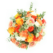 A rich, hand-tied bouquet is captured from overhead, forming a full, rounded circle of colour on a crisp white background, almost as if it has just been placed on a spotless counter in a Brent Cross flower studio. The composition is dominated by roses in warm, sunset hues-deep gold, honeyed yellow, bright orange, and vivid tangerine-each bloom unfolding in velvety spirals that reveal subtle gradients of light and shadow. Tucked in alongside them are fluffy carnations in soft peach and glowing mandarin, their ruffled petals layered densely to create a soft, cushiony volume that invites the eye to linger. Gerbera daisies add their distinctive, flat-petalled faces to the mix, radiating in tones of peach, light orange, and delicate pink, like small suns scattered through the bouquet. Between these larger, statement blooms, tiny white and pale green filler flowers appear in clustered umbels, lending an airy, intricate texture that keeps the arrangement feeling light despite its abundance. Silvery-green eucalyptus leaves, with their rounded shapes and gently matte finish, curl gracefully around the flowers, joined by fresh, bright green foliage that deepens the bouquet's natural, garden-inspired feel. The lighting is bright and even, making the colours stand out vividly against the white ground, and emphasising every petal edge and leaf vein. Overall, the bouquet radiates happiness, warmth, and a sense of celebration, ideal for same-day delivery to a birthday meal near Brent Cross Shopping Centre, a thank-you gift for a friend living off Tilling Road, or simply to bring a cheerful glow into any North West London home.