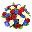 A dense, beautifully rounded bouquet of roses in red, white, and cobalt blue stands out crisply against a stark white background, creating a striking and patriotic visual. Around three dozen roses are grouped so closely that their blooms form a smooth dome, with each colour distributed evenly across the arrangement. The red roses appear full and velvety, their petals opening in rich, layered spirals that suggest depth and warmth. The white roses lighten the overall effect, their petals soft and luminous, introducing a sense of calm balance. The blue roses, in a vivid, almost electric shade, lend a bold and contemporary twist, recalling festive decorations and flags that might appear around Brent Cross during national celebrations. Here and there, dark green foliage emerges at the base of the flowers, offering just enough contrast to frame the palette without distracting from the roses themselves. Bright, controlled studio lighting bathes the bouquet, bringing out subtle shadows where petals overlap and making the colours appear intense yet natural. With no vase or background detail visible, the focus remains solely on the floral dome, which seems to hover in space. This bouquet carries an air of respectful celebration, ideal for patriotic holidays, remembrance services, or sending a heartfelt message of thanks and admiration to someone special in NW2 and surrounding neighbourhoods. Its carefully balanced colours and classic rose shapes create a sense of unity and shared purpose, while the freshness of the blooms suggests a design crafted with care by an experienced local florist familiar with the tastes and traditions of the Brent Cross community.