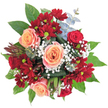A lush, densely arranged hand-tied bouquet photographed against a crisp white backdrop, its rounded silhouette suggesting a freshly gathered garden posy. Soft peach roses-their petals opening in gentle, luminous spirals-anchor the composition, with one rose near the center, another toward the upper left, and a third low and leftward, guiding the eye through warm coral tones. Interspersed among them are clusters of small, deep burgundy to crimson chrysanthemums, their many-petalled faces creating a plush, textured counterpoint, each dotted with tiny greenish-yellow centres that catch the light like bright flecks. Wisps of delicate white baby's breath (Gypsophila) float through the arrangement, lending a lacy, cloud-like softness that balances the deeper hues, while silvery-blue eucalyptus sprigs -especially visible toward the upper right-introduce a muted coolness and a different leaf shape that softens the bouquet's edges. Rich, glossy green foliage forms the base and peeks out between blooms, giving the bouquet a verdant, protective frame; on the left a distinctive reddish-brown, slightly spiky element-reminiscent of a protea bud or exotic foliage-adds an architectural, autumnal accent. The overall palette of peach, deep red, crisp white and varied greens feels warm and refined, suited to celebrations, anniversaries or seasonal centrepieces for cooler months. The scent is quietly uplifting-soft rose sweetness layered over herbal eucalyptus and fresh greenery. As a local florist familiar with Brent Cross and nearby Dollis Hill and Golders Green, I picture this arrangement brightening a mantelpiece after a visit to Brent Cross Shopping Centre or being delivered to a neighbour in Hendon as a gracious, elegant gift.